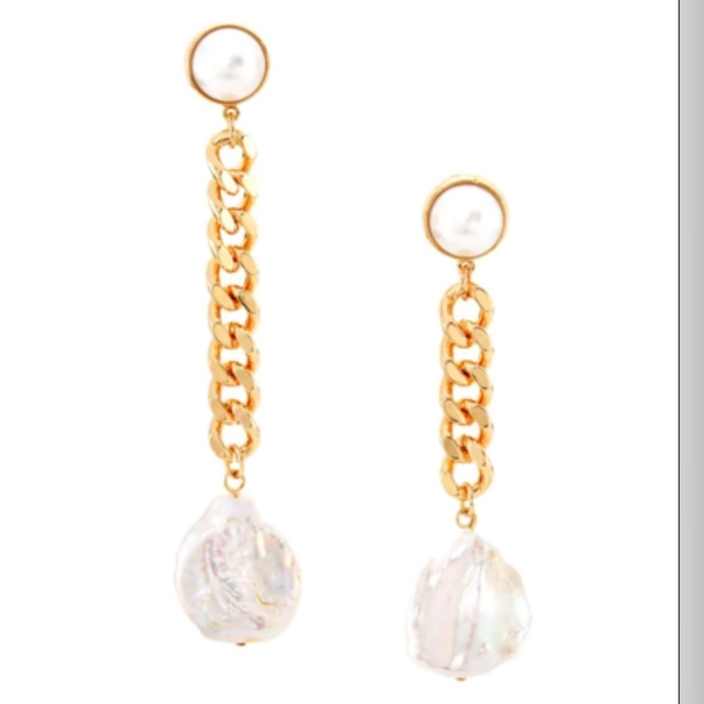 🔥🔥DANNIJO Authentic Kate Gold Tone & Faux Pearl Asymmetric Chain Drop Earrings - Picture 7 of 12
